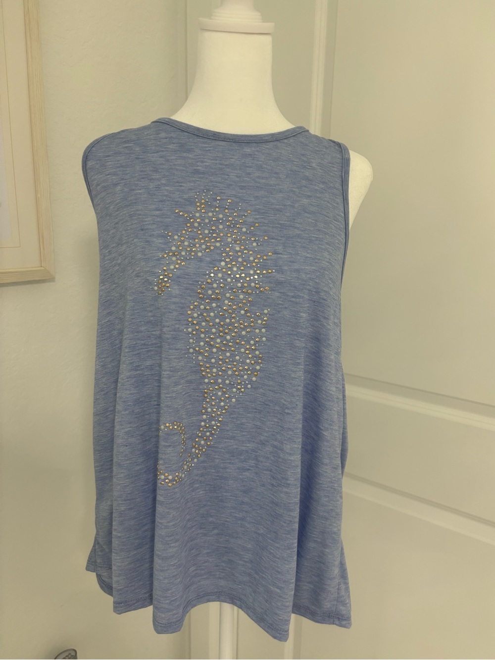 Amanda Blue Sleeveless Sequin Seahorse Tank Top PL